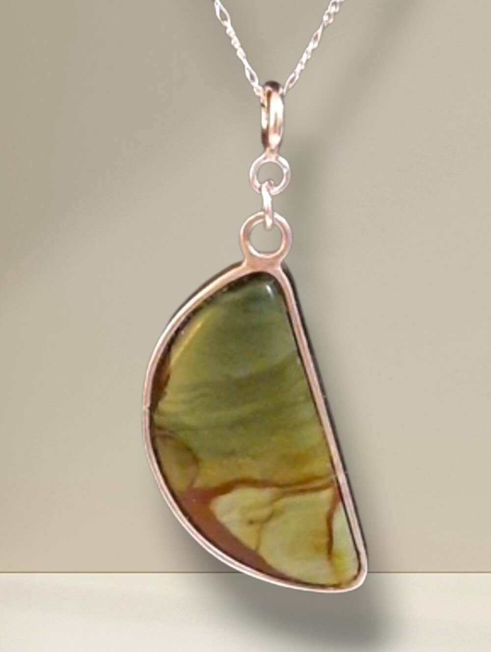 Sterling Silver 925 Modernist Green Picture Jasper Gemstone Pendant New 18"Chain